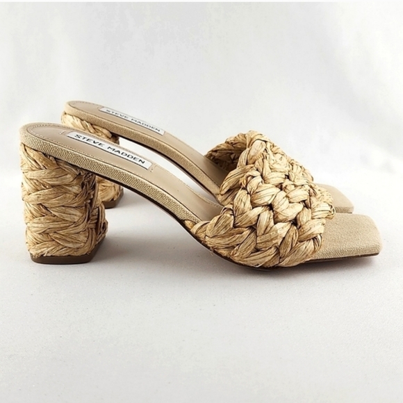STEVE MADDEN Laveda Woven Natural Slip On Sandals Block Heel Square Toe Sz 6.5M - Picture 2 of 12